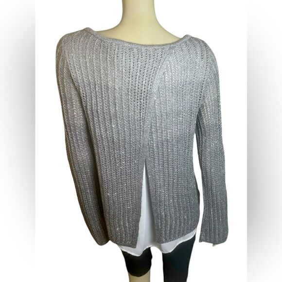 White House Black Market NWOT L/S Ombré Silver Sequined Sweater Size Medium - Picture 2 of 5